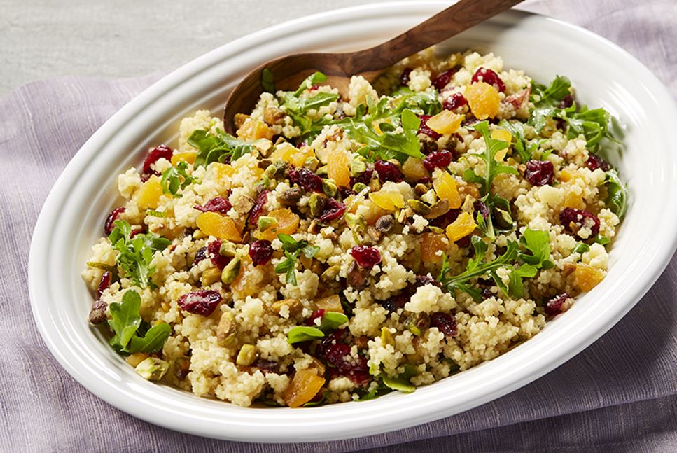 Serving platter of Rainbow Confetti Couscous with Honey Lime Vinaigrette